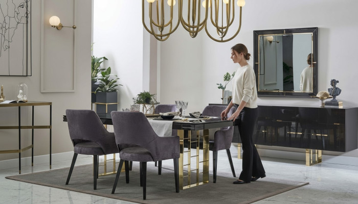 Luxe eethoek eetkamer eetgroep eetkamer meubel set 9-delig hout zwart