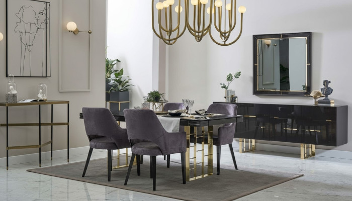 Luxe eethoek eetkamer eetgroep eetkamer meubel set 9-delig hout zwart