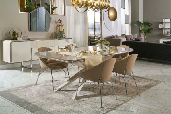 Eetset Eetkamermeubels Hout Eettafel Eethoek Beige Eetkamer 9-delig