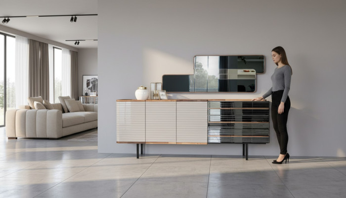 Witte dressoir met spiegel commode kast hout eetkamer.