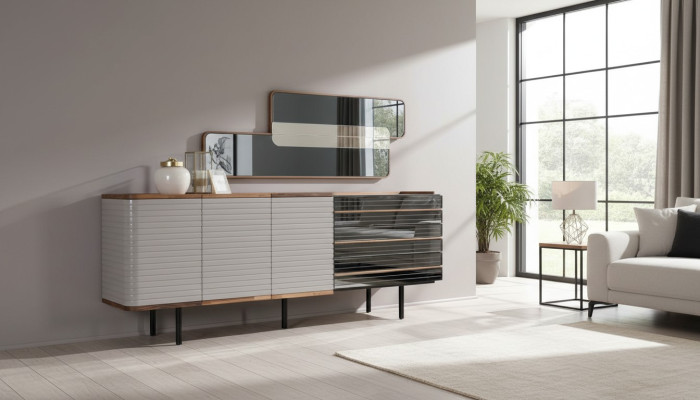 Witte dressoir met spiegel commode kast hout eetkamer.