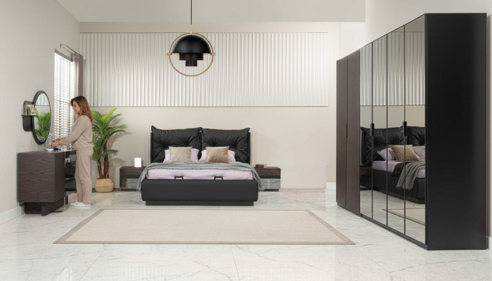 Set Slaapkamer tweepersoonsbed Bed Nachtkastjes Set 6 delig Zwart