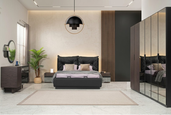 Set Slaapkamer tweepersoonsbed Bed Nachtkastjes Set 6 delig Zwart