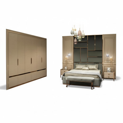 Luxe slaapkamer set met tweepersoonsbed, bed en nachtkastjes, 6-delig beige.