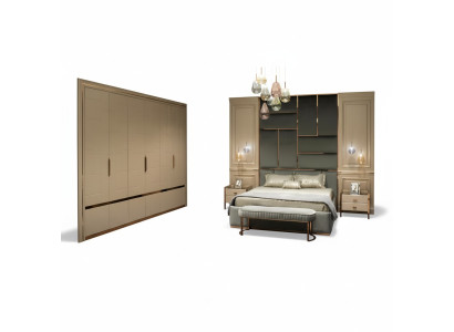 Luxe slaapkamer set met tweepersoonsbed, bed en nachtkastjes, 6-delig beige.