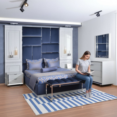 Ontwerp Groeps Slaapkamer Tweepersoonsbed Bed Nachtkastjes Set 7-delig Blauw