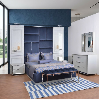Ontwerp Groeps Slaapkamer Tweepersoonsbed Bed Nachtkastjes Set 7-delig Blauw