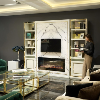 Woonwand RTV Lowboard TV-standaard Wit Luxe Goud Vittinen Hout Modern