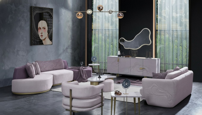 Bankstel Grote woonlandschap Roze stoffen bankstellen Modern Set 7-delig