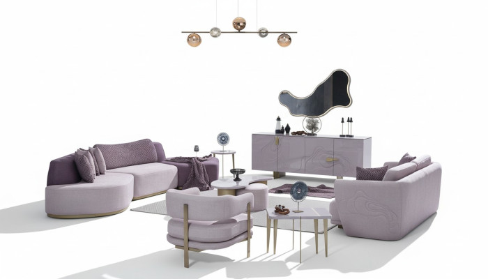 Bankstel Grote woonlandschap Roze stoffen bankstellen Modern Set 7-delig