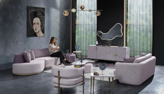Stoffen bankstellen Bankstel Grote woonlandschap Roze Set 3-dlg Bank Modern