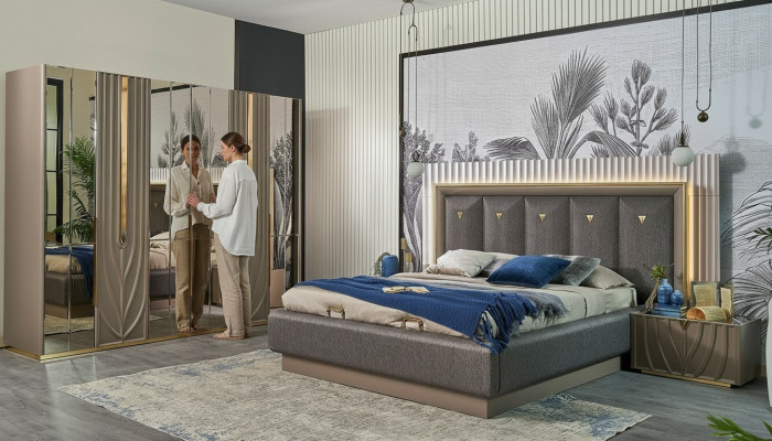 Complete slaapkamermeubels Tweepersoonsbed Bed Bruin Set 4-delig Nachtkastjes