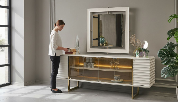 Dressoir set Sideboard met spiegel Eetkamer Hout Beige Commode