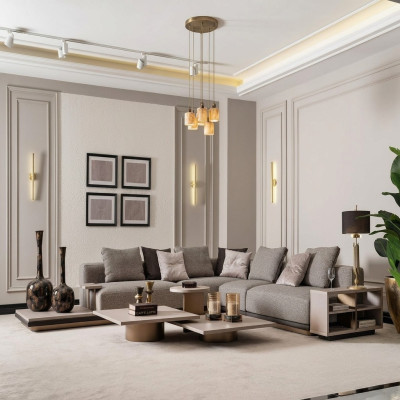 Woonlandschap set woonkamer hoekbank bank salontafels 5-delig grijs