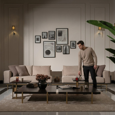 Vierzitsbank 4-zitsbank Gestoffeerde bankstoffen bank Beige Moderne tafel Nieuw
