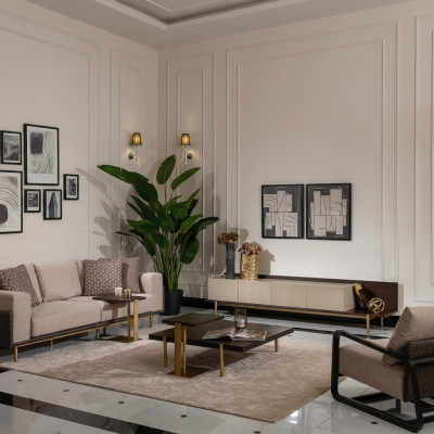 Volledige woonkamerbank salontafels 6-dlg stoffen bank beige hout modern