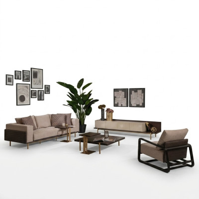 Volledige woonkamerbank salontafels 6-dlg stoffen bank beige hout modern