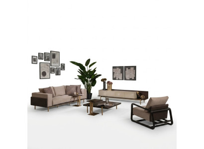 Volledige woonkamerbank salontafels 6-dlg stoffen bank beige hout modern
