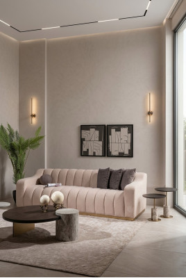 Garnituur woonkamer driezitsbank salontafels 4-delig stoffen bankstel beige hout