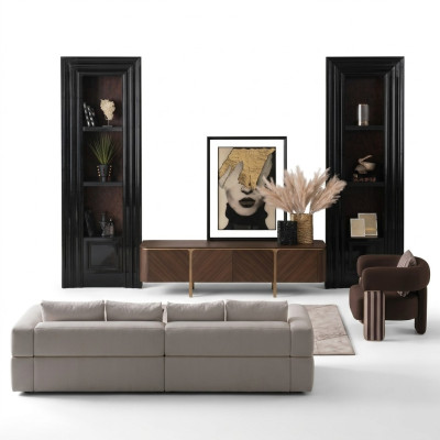 Garnituur hoekbank fauteuil stoffen bank RTV lowboard beige modern 3-delige set