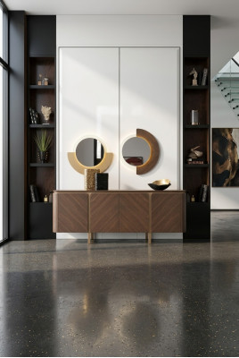 Set dressoir spiegel ladekast commode buffet bruin hout eetkamer.