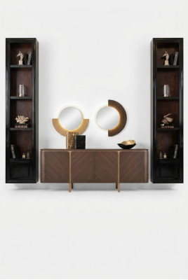 Set dressoir spiegel ladekast commode buffet bruin hout eetkamer.