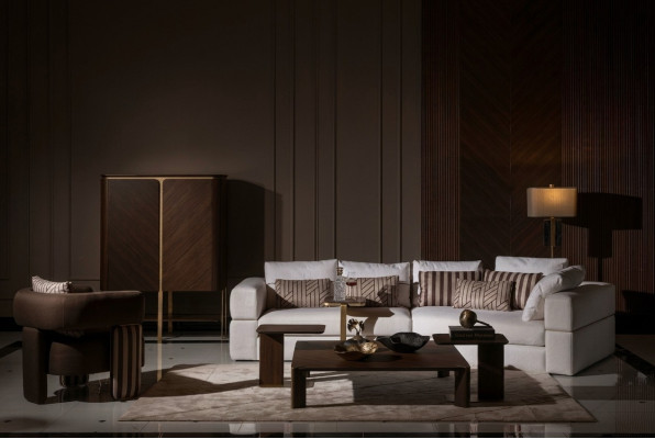 Woonkamerset hoekbank stoffen bank fauteuil salontafel set 6-delig bruin