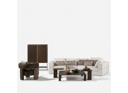 Woonkamerset hoekbank stoffen bank fauteuil salontafel set 6-delig bruin