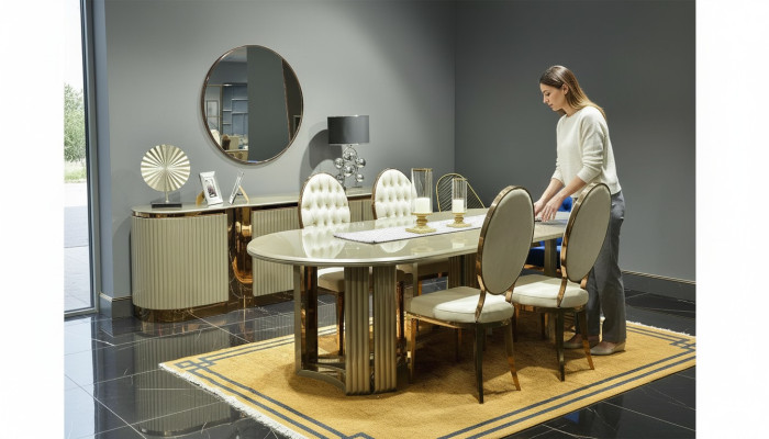 Luxe eetkamer eetgroep eethoek eettafel stoelen beige set 9-delig hout