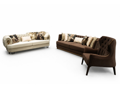 Bankstel driepersoons fauteuil stoffen bank bekleding bruin set banken