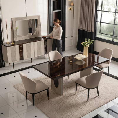 Luxe eetkamer eetgroep eethoek eettafel stoelen beige set 9-delig hout