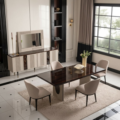 Luxe eetkamer eetgroep eethoek eettafel stoelen beige set 9-delig hout