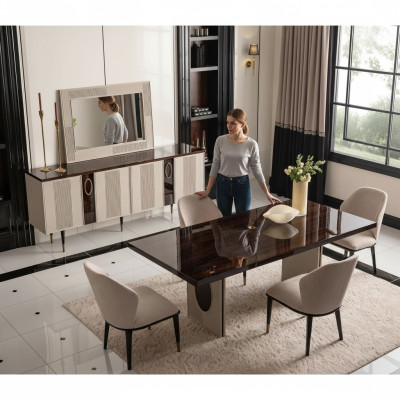 Eethoek Eetkamer Eetgroep Luxe Eettafel Stoelen Beige Hout Set 7-delig