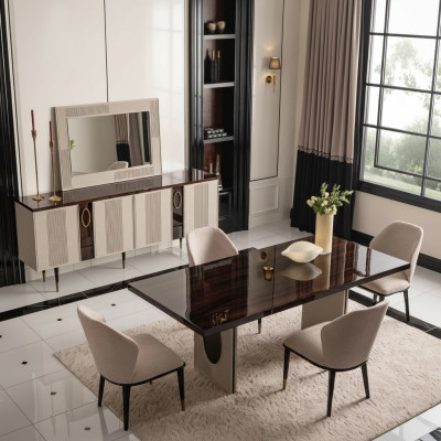 Eethoek Eetkamer Eetgroep Luxe Eettafel Stoelen Beige Hout Set 7-delig
