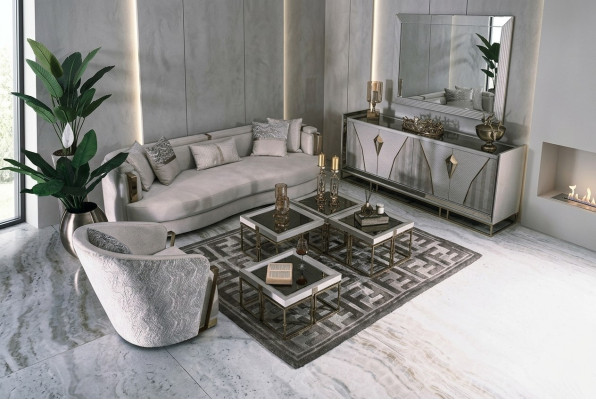 Woonkamer groep bankstellen stoffen bank fauteuil salontafel set 6-delig grijs