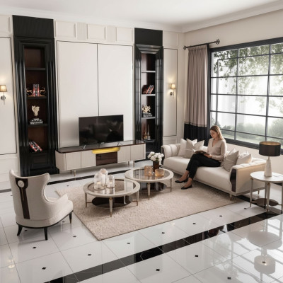 Woonkamergroep driezits fauteuil stoffen bankstel 6-delig beige salontafels