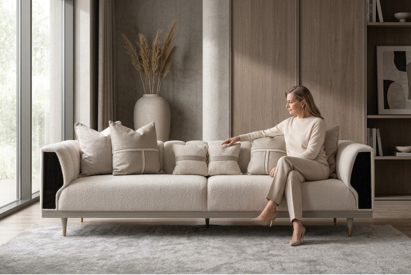 Luxe driezitsbank 3-zits Beige gestoffeerde stoffen bank Moderne bank