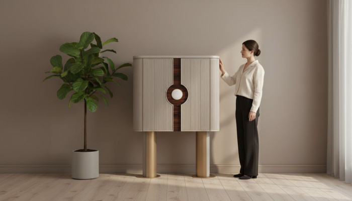 Barschank Drankkast Hout Beige Houten kast Ontwerp Flessenbar