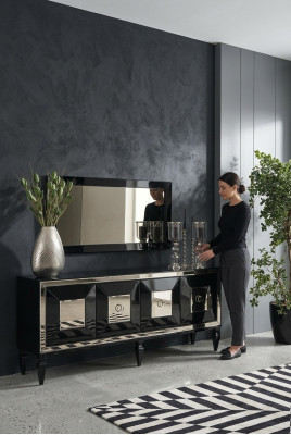 Volledige dressoir buffetkast spiegel set zwart hout luxe