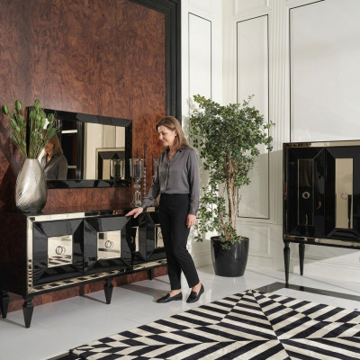 Volledige spiegel barkast zwart hout dressoir kast
