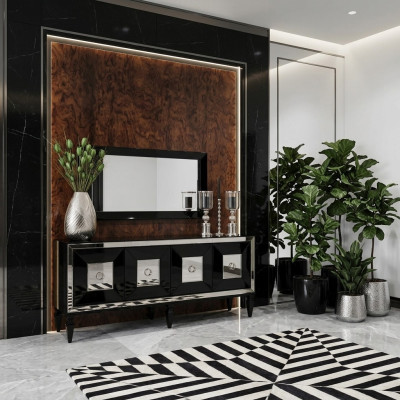 Volledige spiegel barkast zwart hout dressoir kast