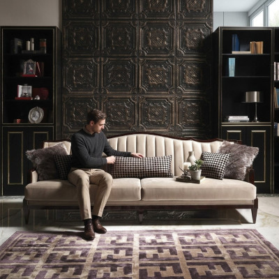 Stoffenbank Bank 4-zits Grijs Gestoffeerde Bank Vierzits Luxe Houten Design