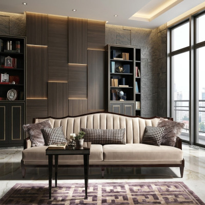 Stoffenbank Bank 4-zits Grijs Gestoffeerde Bank Vierzits Luxe Houten Design