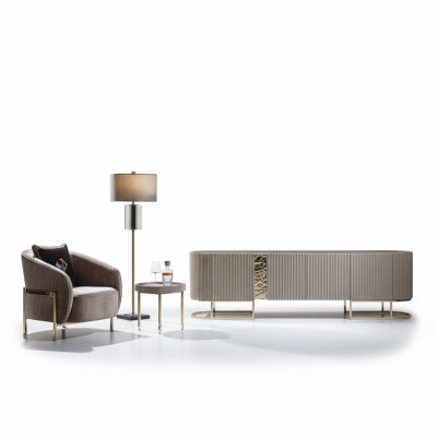 Groep fauteuils Woonkamer Bijzettafel Beige Stof TV-standaard Set van 3 delen