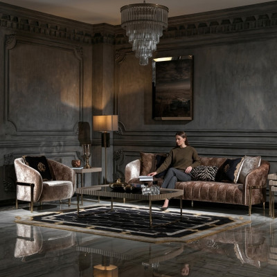 Bankstel Driepersoons Fauteuil Beige Stoffenbank Salontafel