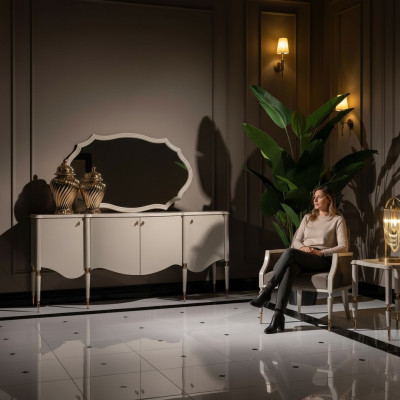 Woonkamerset 4-delig Fauteuil Bijzettafel Dressoir Spiegel Beige