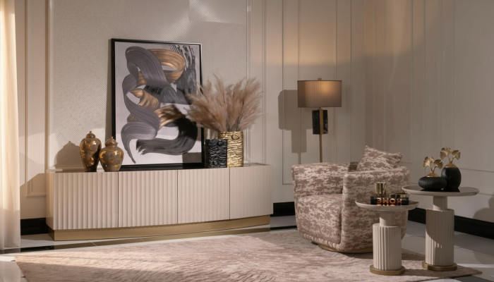 Woonkamer Complete fauteuil dressoir bijzettafel set 4-delige Beige