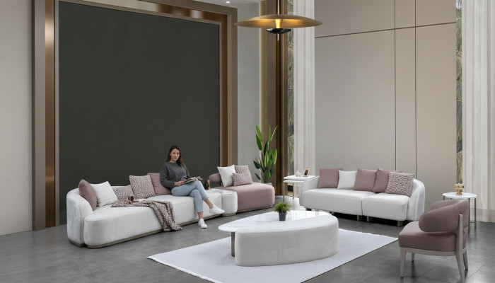 Bankstel Grote bank Gestoffeerde bank Stoffen bank Roze Driezitsbank Set 4-delig