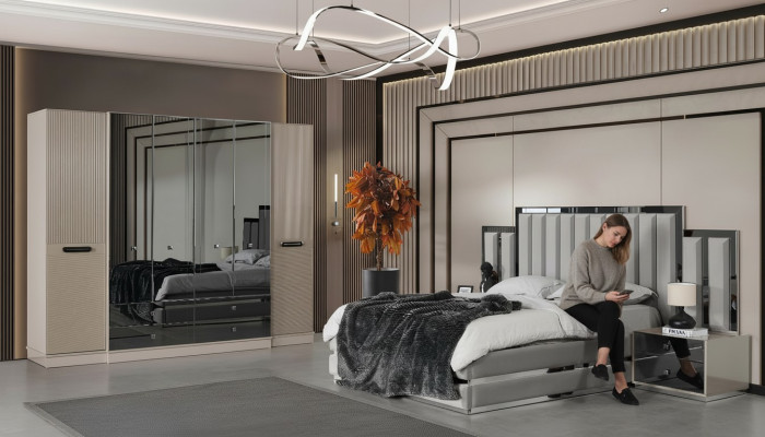 Compleet slaapkamer tweepersoonsbed bed nachtkastjes 4-delig grijs kast