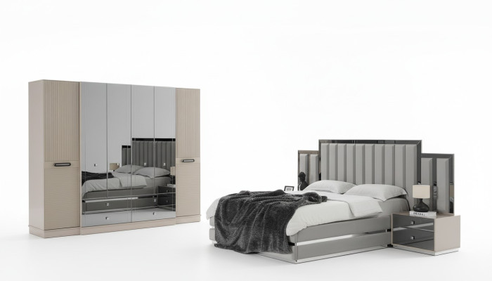 Compleet slaapkamer tweepersoonsbed bed nachtkastjes 4-delig grijs kast